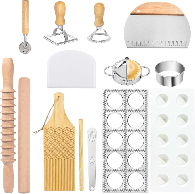 Krbnk Pasta Making Tools,13PCS Wood Pasta Making Kit with Pasta Rolling Pin,Ravioli Mold,Ravioli Cutter,Gnocchi Board,Pasta Stamps,Dumpling Tools,Stick Dough Scraper Making Accessories - Image 1